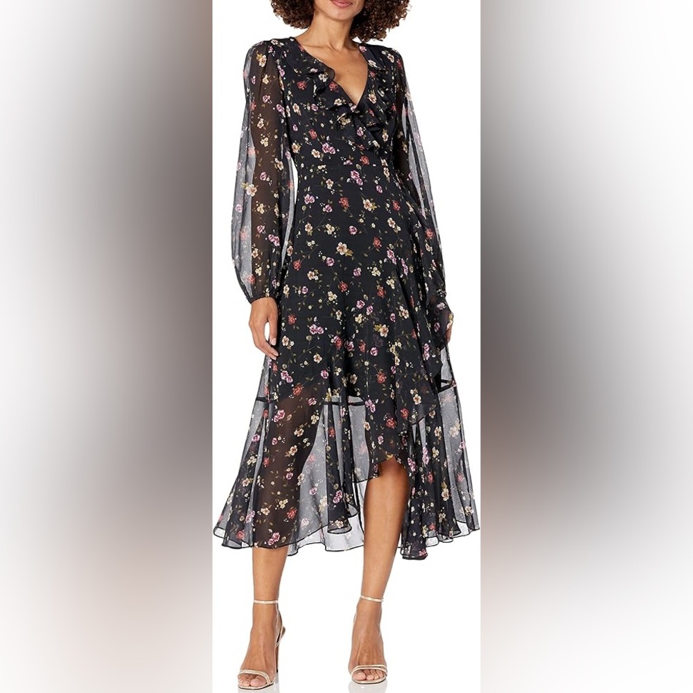 GUESS Black Floral Chiffon Midi Dress Size 6 | Long Sleeve Ruffle V-Neck